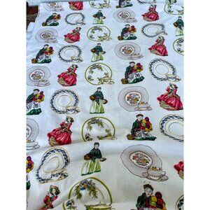 Vintage 1950s Royal Doulton Barkcloth Fabric Teacups Figurines 34" w 5+ Yards